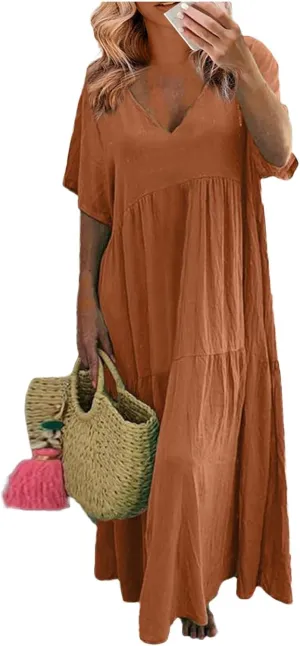 Linen Dress Women Summer Short Sleeve V Neck Plus Size Maxi Dress Casual Flowy Loose Long Vacation Beach Dresses