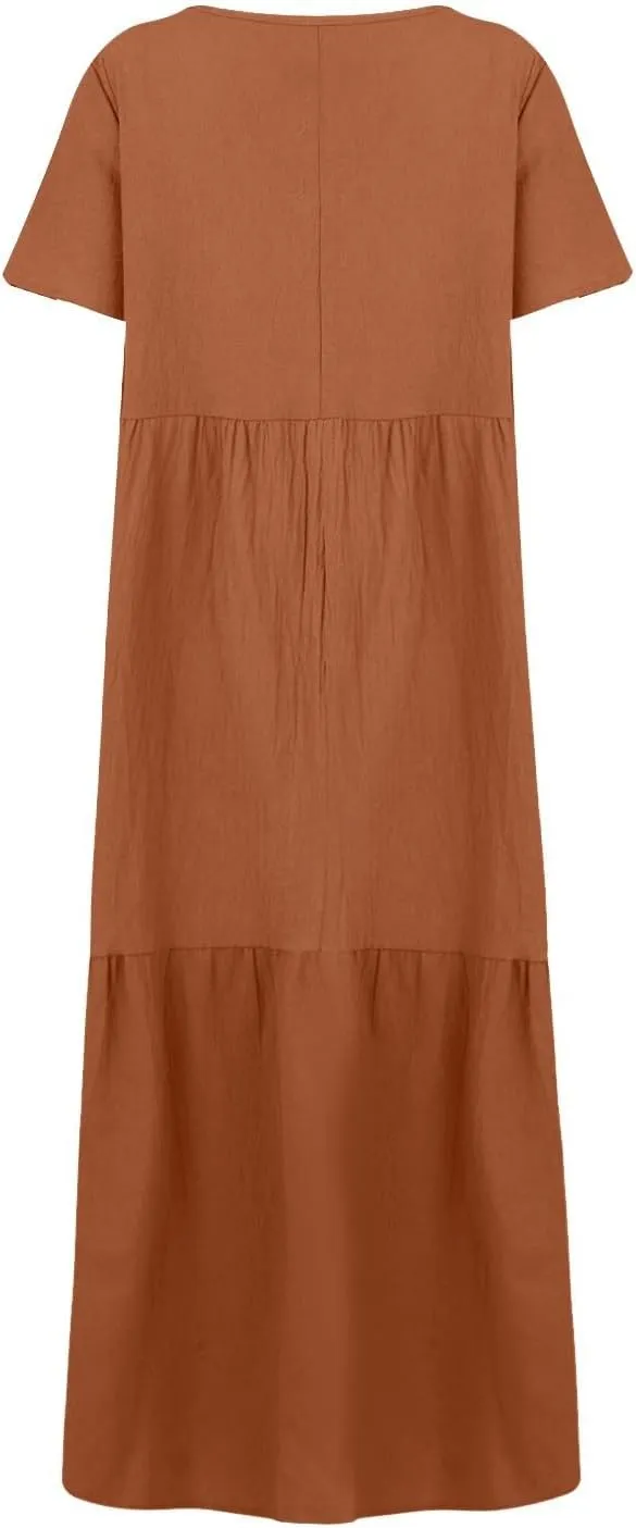 Linen Dress Women Summer Short Sleeve V Neck Plus Size Maxi Dress Casual Flowy Loose Long Vacation Beach Dresses