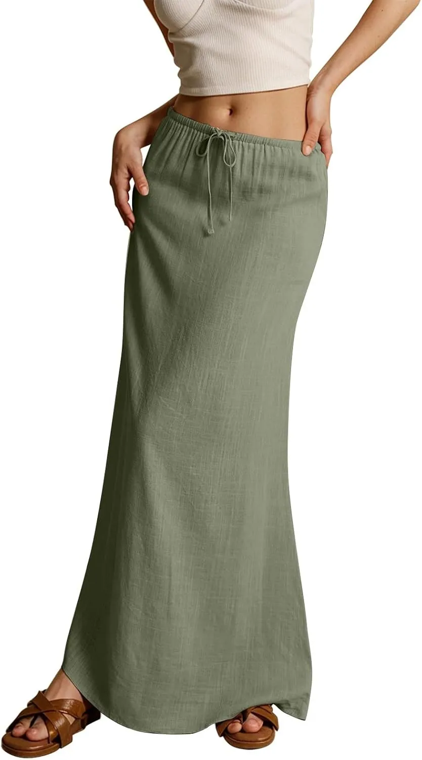 Linen Long Skirts for Women Trendy Summer Drawstring A Line Solid Maxi Skirts Beach Vacation Boho Flowy Skirts