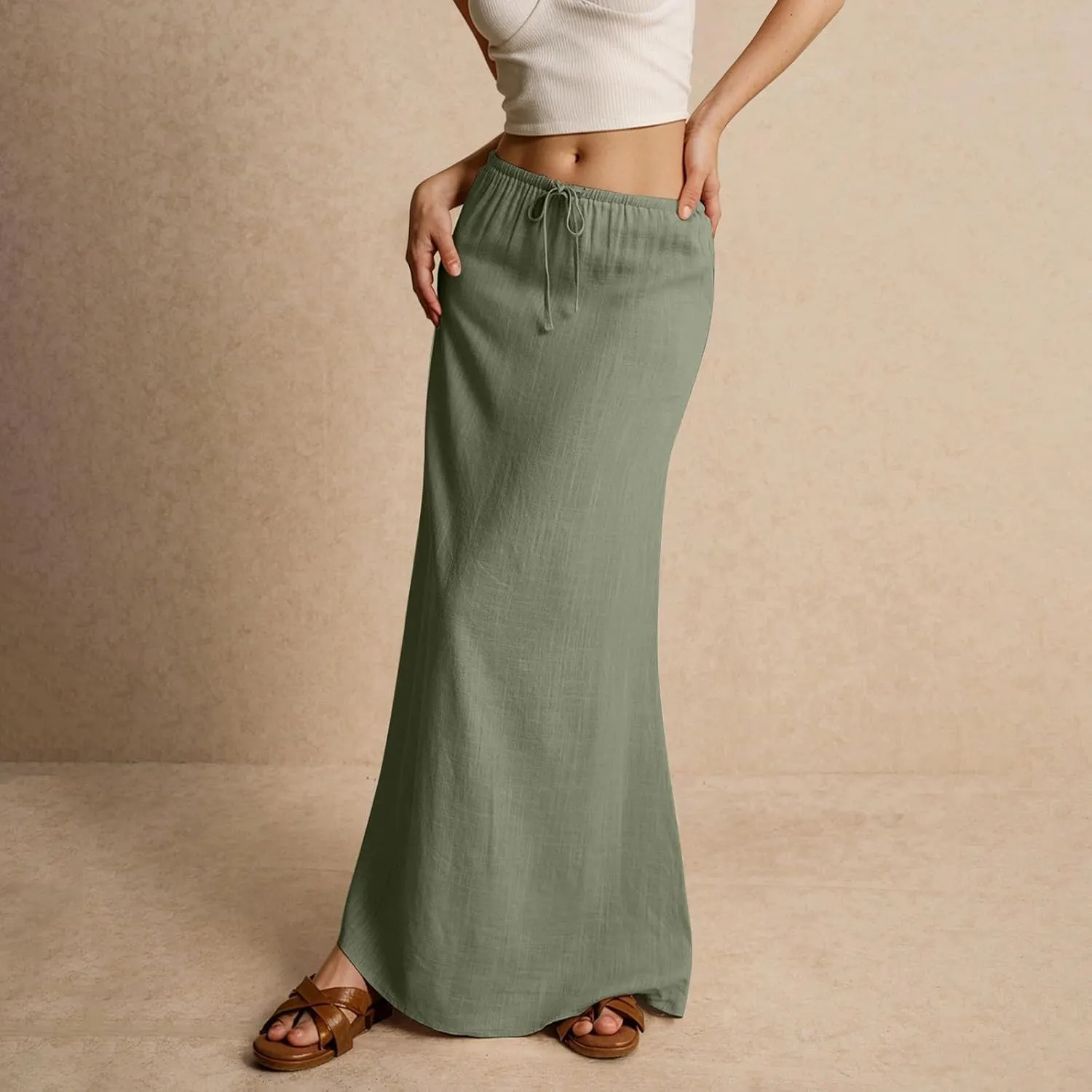 Linen Long Skirts for Women Trendy Summer Drawstring A Line Solid Maxi Skirts Beach Vacation Boho Flowy Skirts