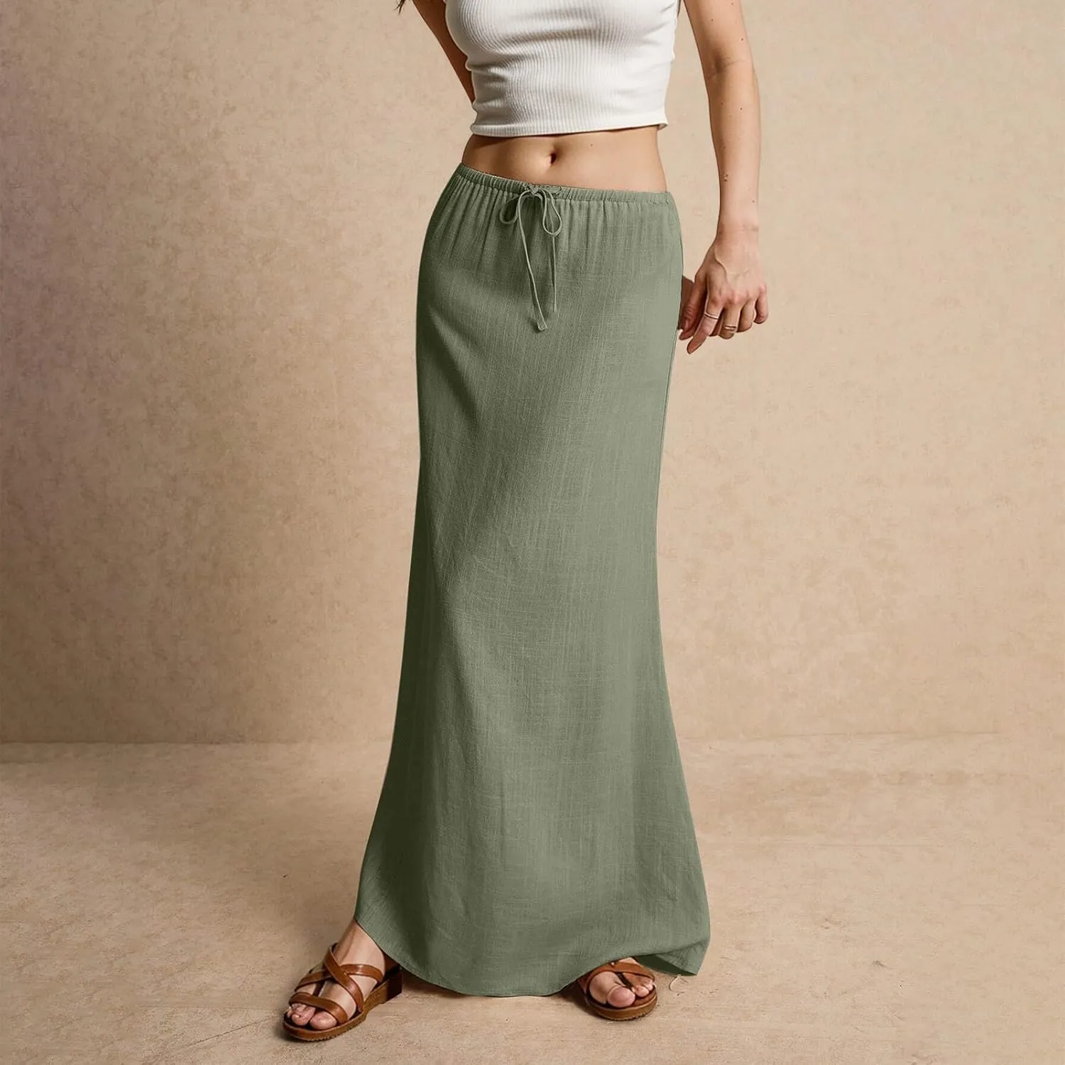 Linen Long Skirts for Women Trendy Summer Drawstring A Line Solid Maxi Skirts Beach Vacation Boho Flowy Skirts
