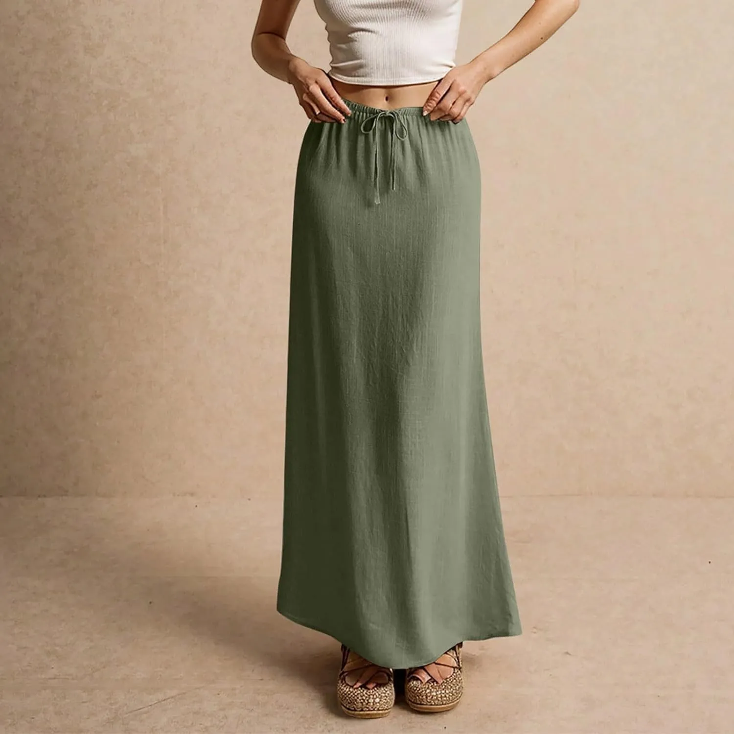 Linen Long Skirts for Women Trendy Summer Drawstring A Line Solid Maxi Skirts Beach Vacation Boho Flowy Skirts