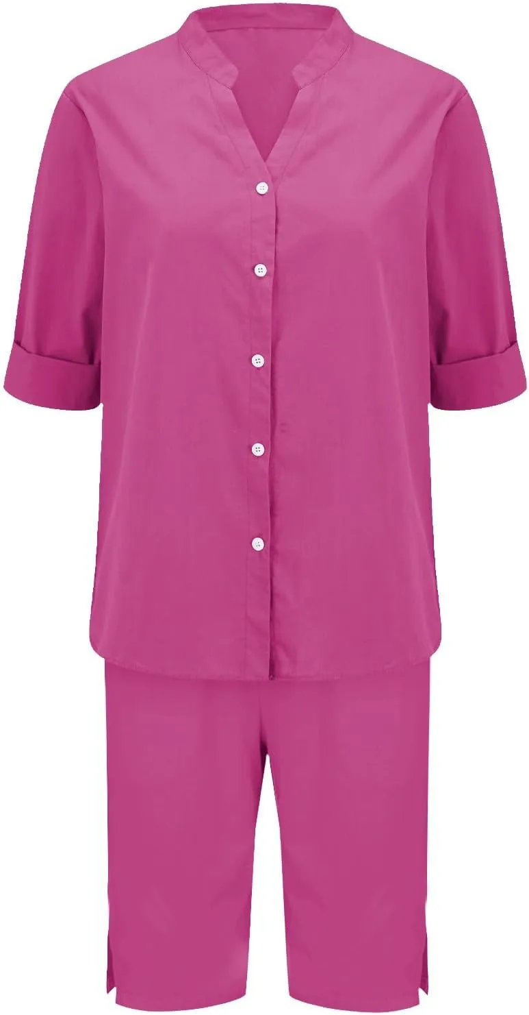 Linen Sets for Women 2 Piece Plus Size Tracksuits Cotton Linen Pants Sets Summer Long Sleeve Button Shirt Comfy Suit