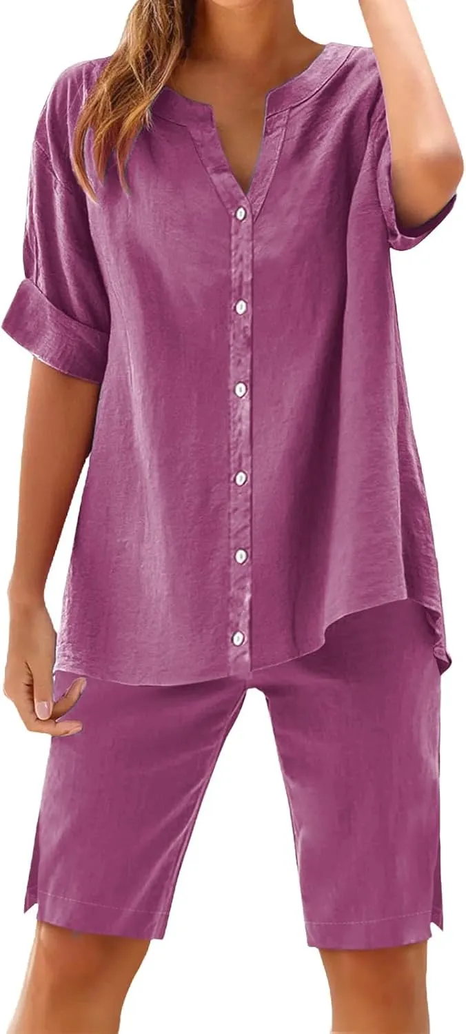 Linen Sets for Women 2 Piece Plus Size Tracksuits Cotton Linen Pants Sets Summer Long Sleeve Button Shirt Comfy Suit