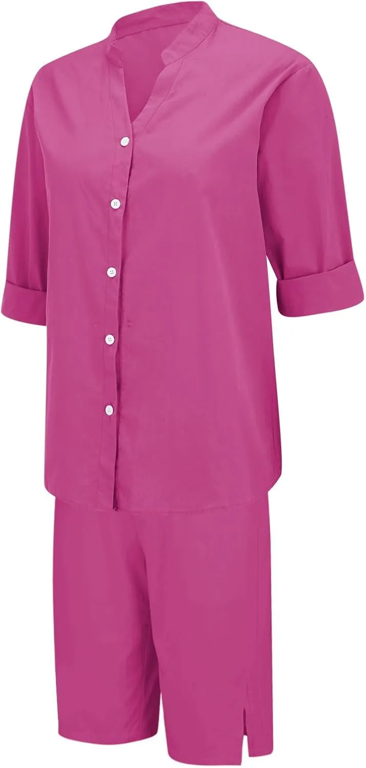 Linen Sets for Women 2 Piece Plus Size Tracksuits Cotton Linen Pants Sets Summer Long Sleeve Button Shirt Comfy Suit