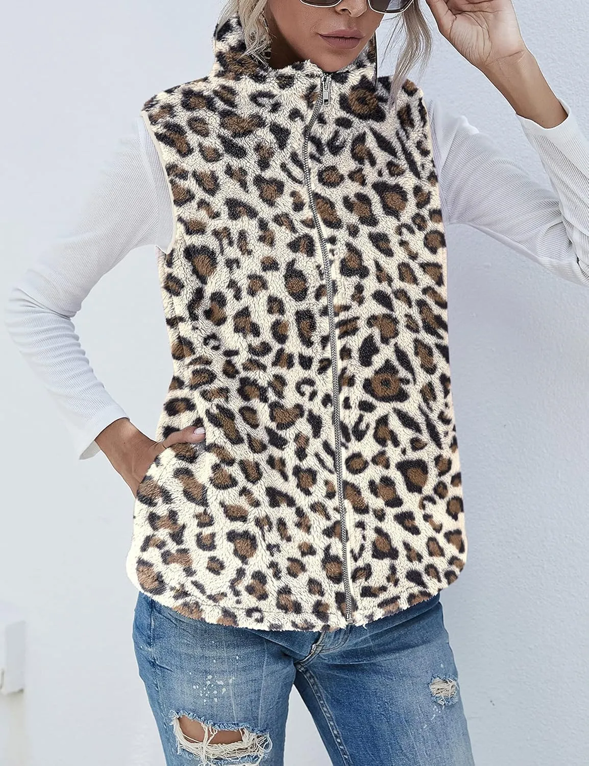 LOMON Womens Fuzzy Sherpa Fleece Jacket Lightweight Vest Cozy Sleeveless Cardigan Zipper Waistcoat Outerwear with Pocket