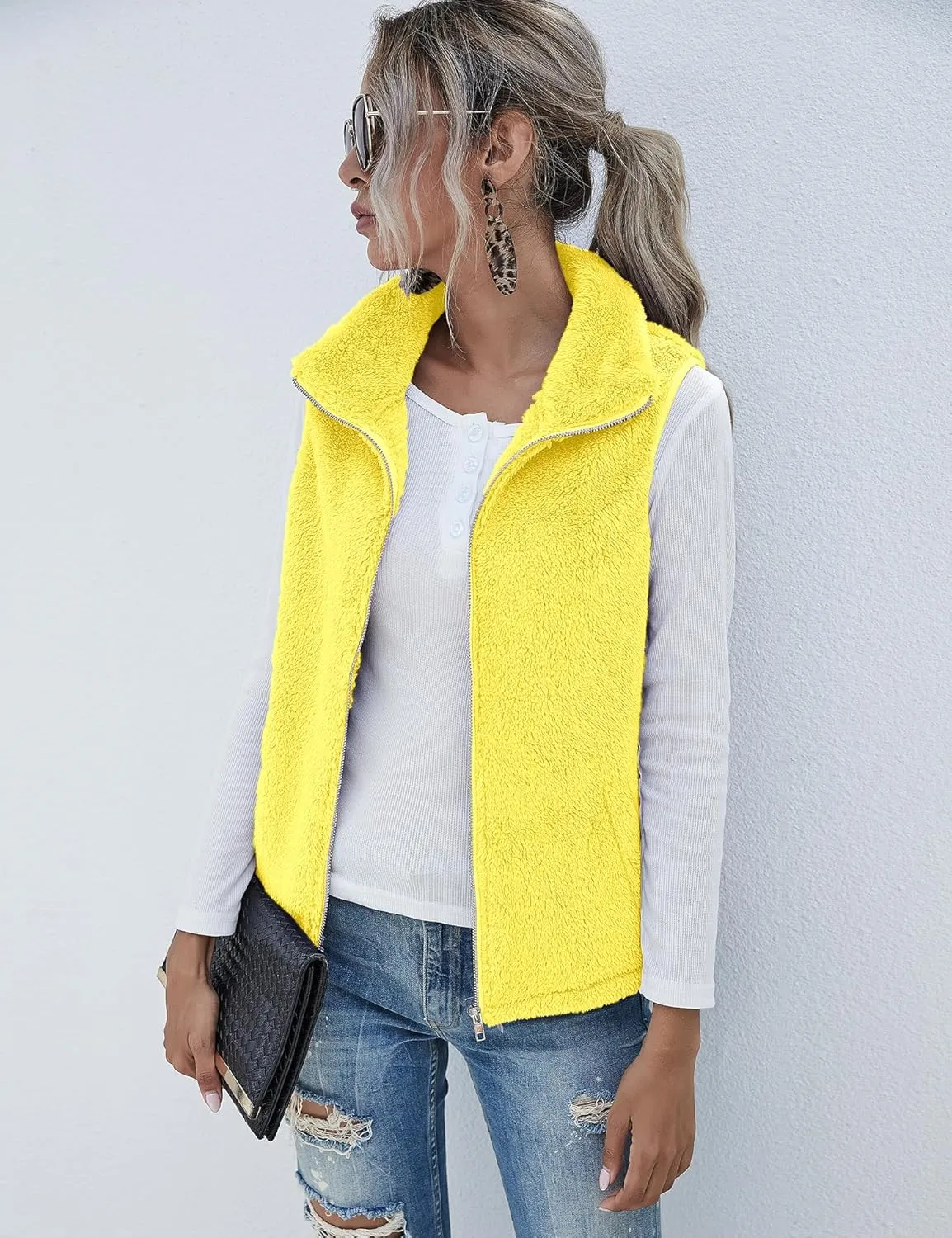 LOMON Womens Fuzzy Sherpa Fleece Jacket Lightweight Vest Cozy Sleeveless Cardigan Zipper Waistcoat Outerwear with Pocket