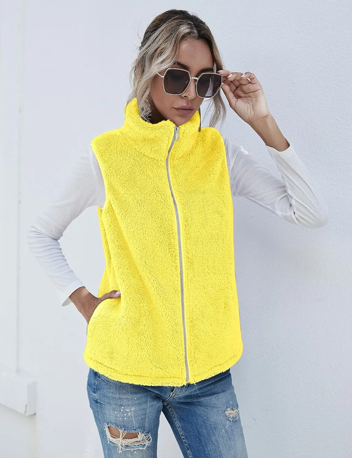 LOMON Womens Fuzzy Sherpa Fleece Jacket Lightweight Vest Cozy Sleeveless Cardigan Zipper Waistcoat Outerwear with Pocket