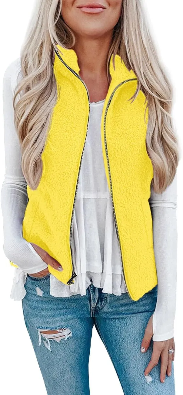 LOMON Womens Fuzzy Sherpa Fleece Jacket Lightweight Vest Cozy Sleeveless Cardigan Zipper Waistcoat Outerwear with Pocket