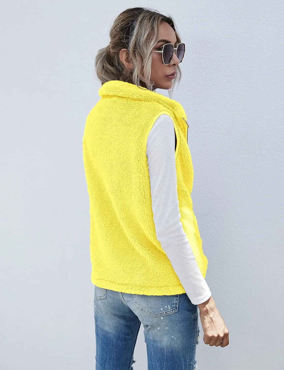 LOMON Womens Fuzzy Sherpa Fleece Jacket Lightweight Vest Cozy Sleeveless Cardigan Zipper Waistcoat Outerwear with Pocket