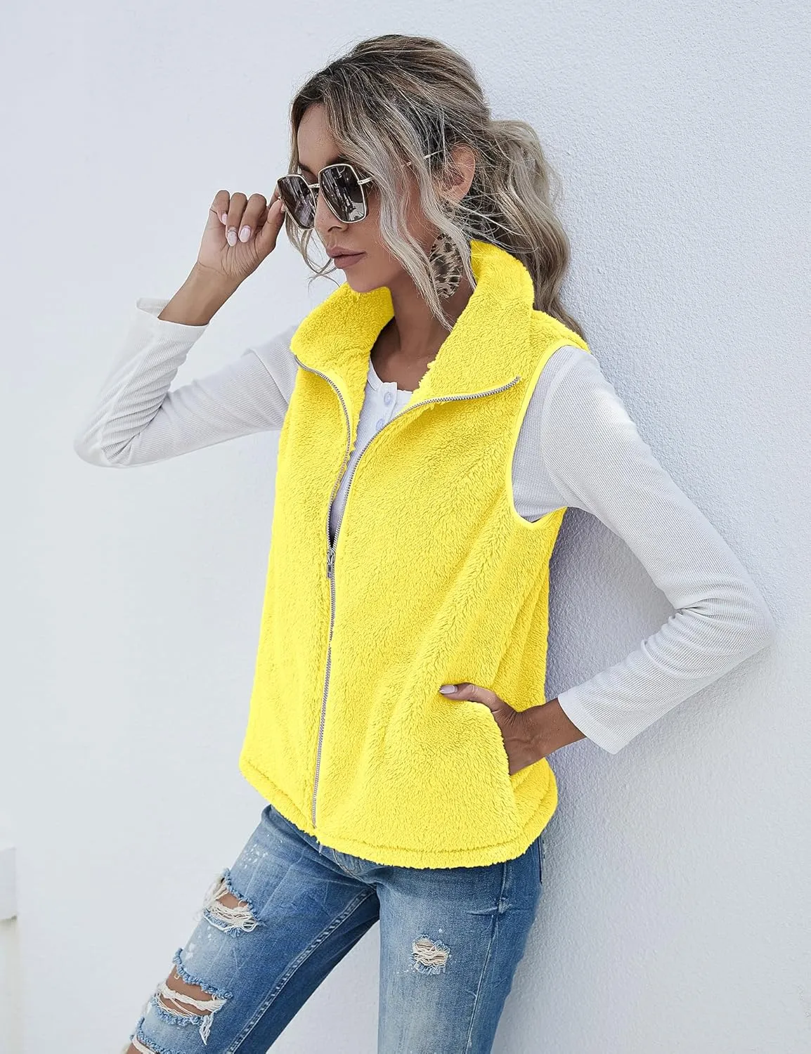 LOMON Womens Fuzzy Sherpa Fleece Jacket Lightweight Vest Cozy Sleeveless Cardigan Zipper Waistcoat Outerwear with Pocket