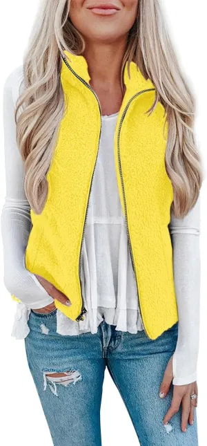 LOMON Womens Fuzzy Sherpa Fleece Jacket Lightweight Vest Cozy Sleeveless Cardigan Zipper Waistcoat Outerwear with Pocket