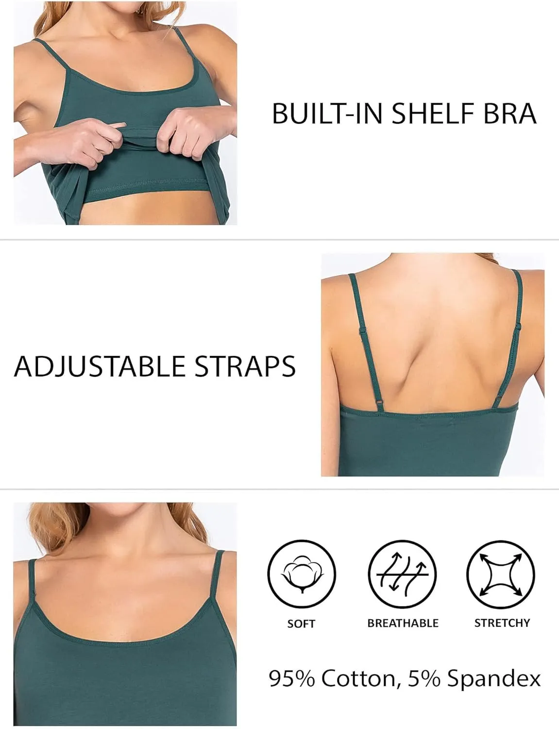 Long Cotton Camisole Tank Top with Built in Bra for Women Basic Cami with Shelf Bra Tank Tops Undershirt