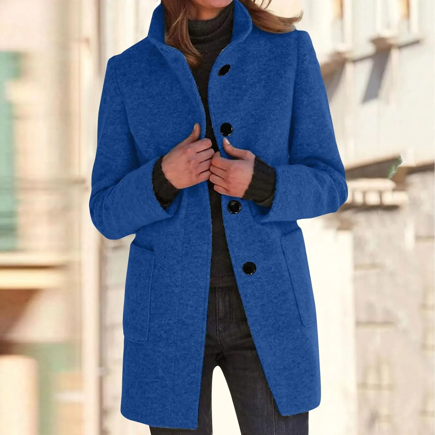 Long Pea Coats for Women Winter Stand Collar Single Breasted Wool Coats Wool Blend Peacoat Thicken Blazer Jacket