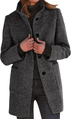 Long Pea Coats for Women Winter Stand Collar Single Breasted Wool Trench Coats Wool Blend Peacoat Thicken Blazer Jacket