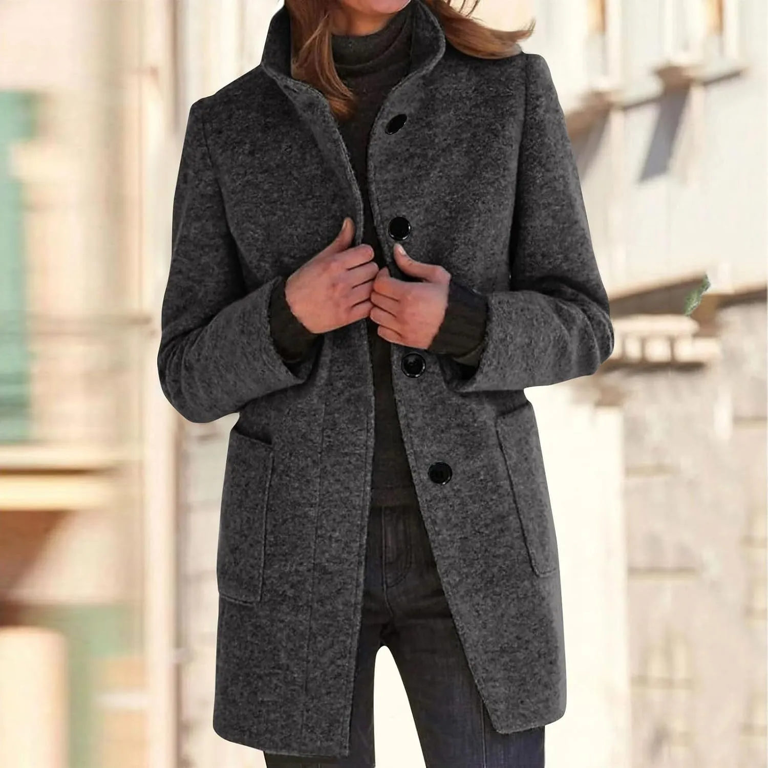 Long Pea Coats for Women Winter Stand Collar Single Breasted Wool Trench Coats Wool Blend Peacoat Thicken Blazer Jacket