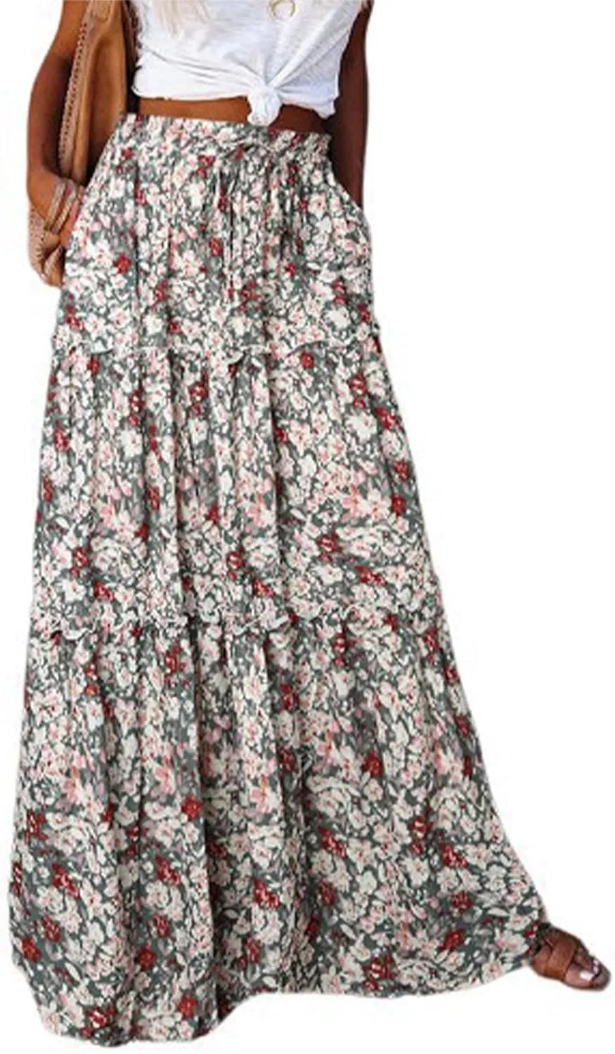 Long Skirts for Women High Waisted Ruffle Maxi Skirt Flowy Floral Boho Skirt A Line Tiered Skirt Summer Pleated Skirt