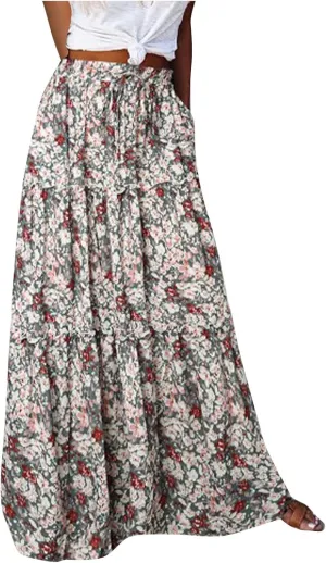 Long Skirts for Women High Waisted Ruffle Maxi Skirt Flowy Floral Boho Skirt A Line Tiered Skirt Summer Pleated Skirt