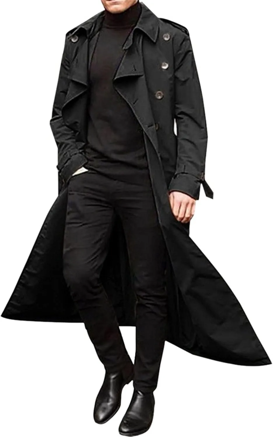 Long Trench Coat Men Big and Tall Casual Wool Coat Solid Color Lapel Woolen Coat Double Breasted Trench Coat