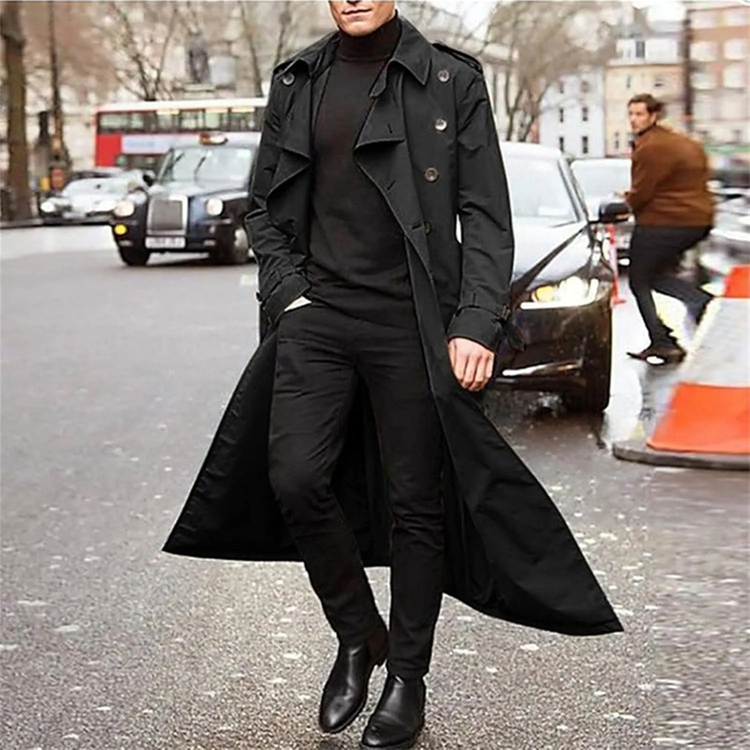 Long Trench Coat Men Big and Tall Casual Wool Coat Solid Color Lapel Woolen Coat Double Breasted Trench Coat