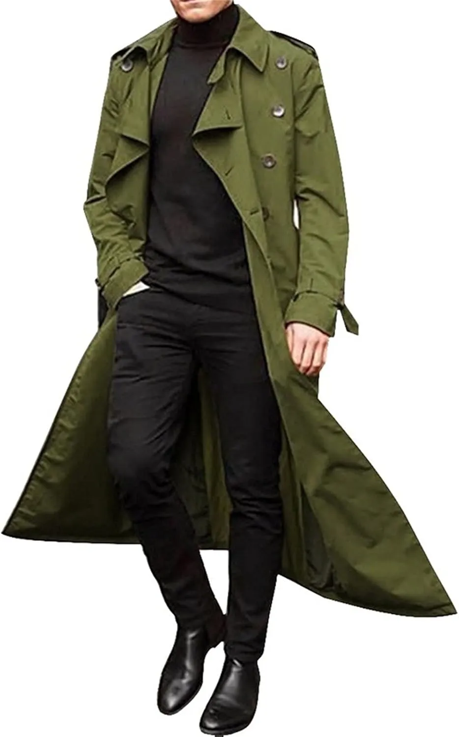 Long Trench Coat Men Big and Tall Casual Wool Coat Solid Color Lapel Woolen Coat Double Breasted Trench Coat