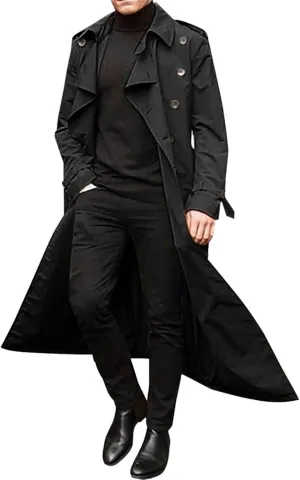 Long Trench Coat Men Big and Tall Casual Wool Coat Solid Color Lapel Woolen Coat Double Breasted Trench Coat
