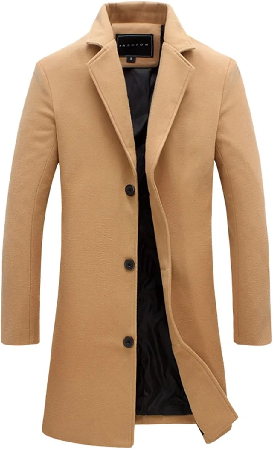 Long Trench Coat Men Single Breasted Wool Blend Coat Mid Length Pea Coat Notch Lapel Jacket Business Casual Overcoat