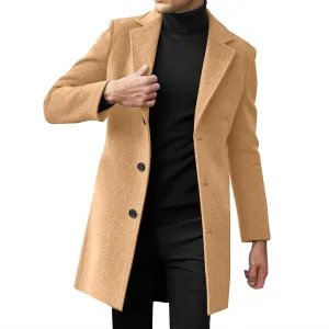Long Trench Coat Men Single Breasted Wool Blend Coat Mid Length Pea Coat Notch Lapel Jacket Business Casual Overcoat
