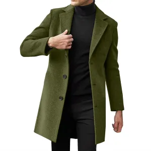 Long Trench Coat Men Single Breasted Wool Blend Coat Mid Length Pea Coat Notch Lapel Jacket Business Casual Overcoat