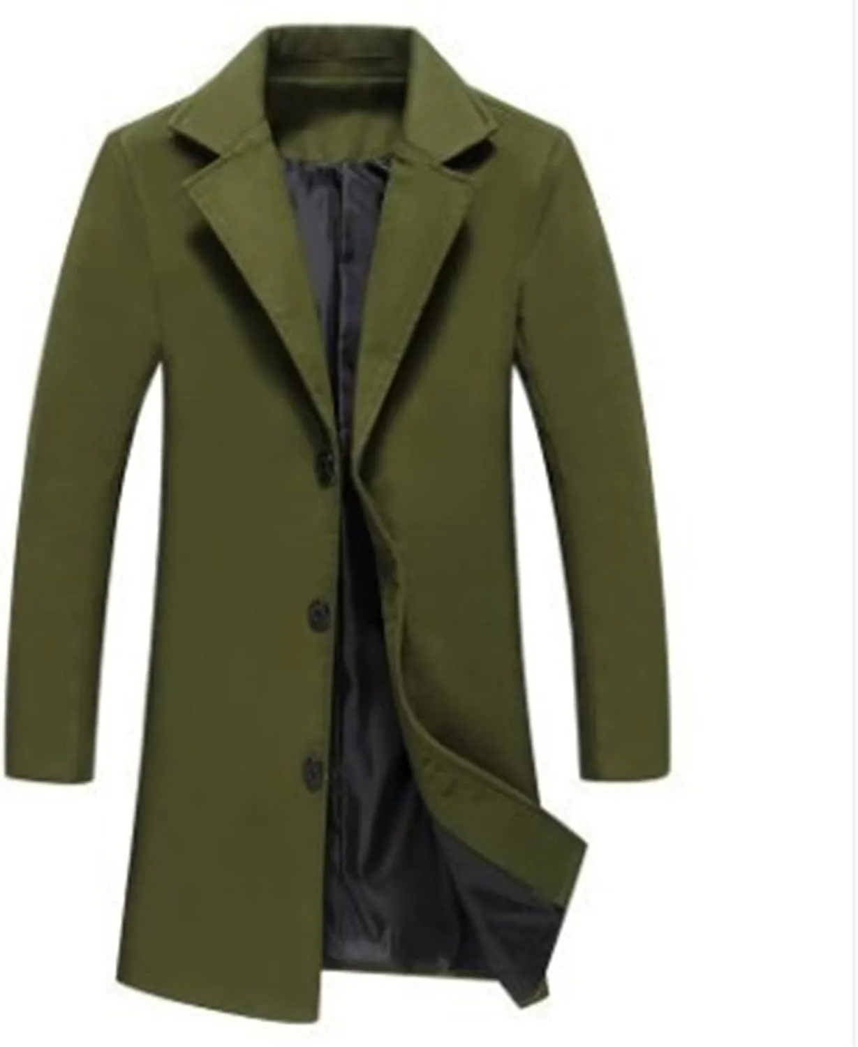 Long Trench Coat Men Single Breasted Wool Blend Coat Mid Length Pea Coat Notch Lapel Jacket Business Casual Overcoat