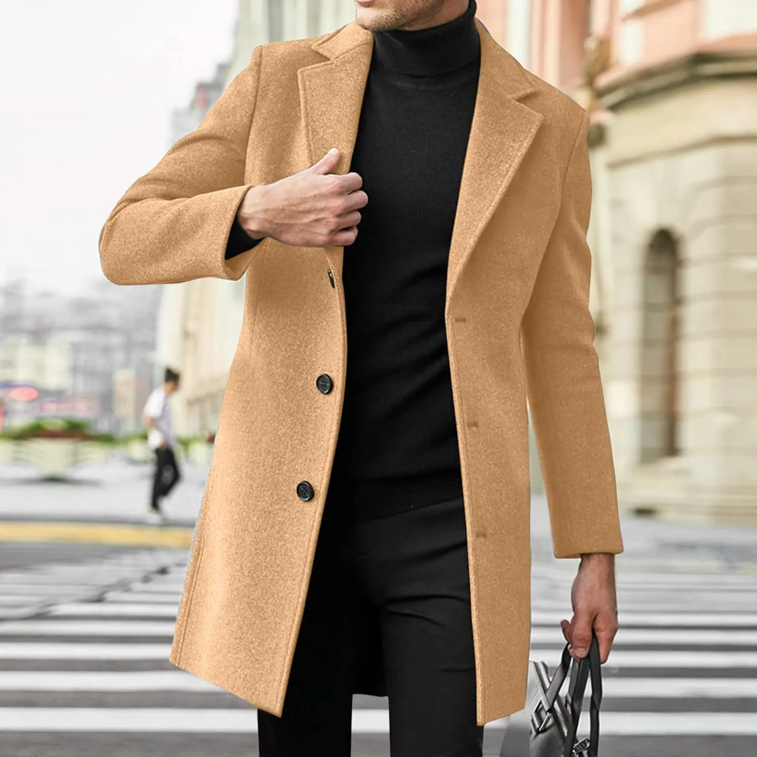 Long Trench Coat Men Single Breasted Wool Blend Coat Mid Length Pea Coat Notch Lapel Jacket Business Casual Overcoat