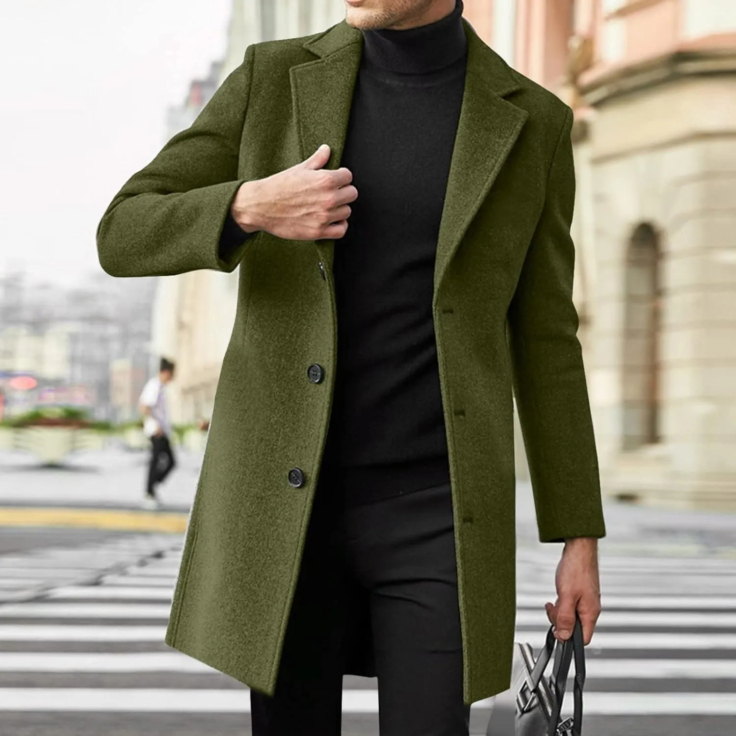 Long Trench Coat Men Single Breasted Wool Blend Coat Mid Length Pea Coat Notch Lapel Jacket Business Casual Overcoat