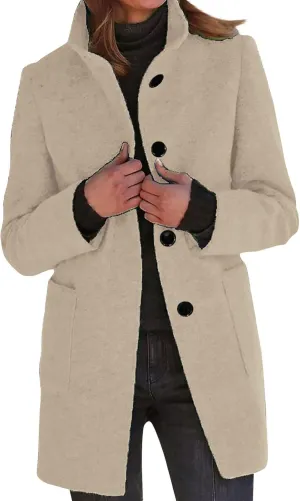 Long Wool Coats Women Thicken Wool Blend Stand Collar Single Breasted Pea Jacket Cute Winter Peacoat