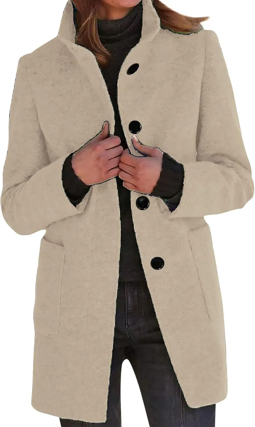 Long Wool Coats Women Thicken Wool Blend Stand Collar Single Breasted Pea Jacket Cute Winter Peacoat