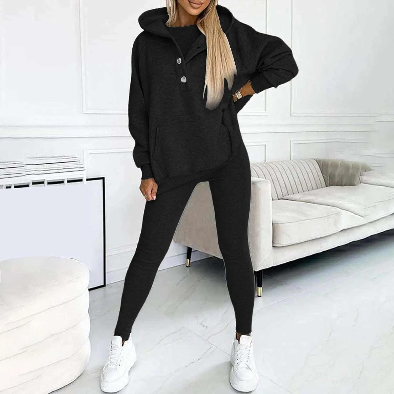 Lounge Sets for Women - 2 Piece Button Thick Outfits Sweatsuit Hoodies with Pants Fall Jogging Track Suits for Women