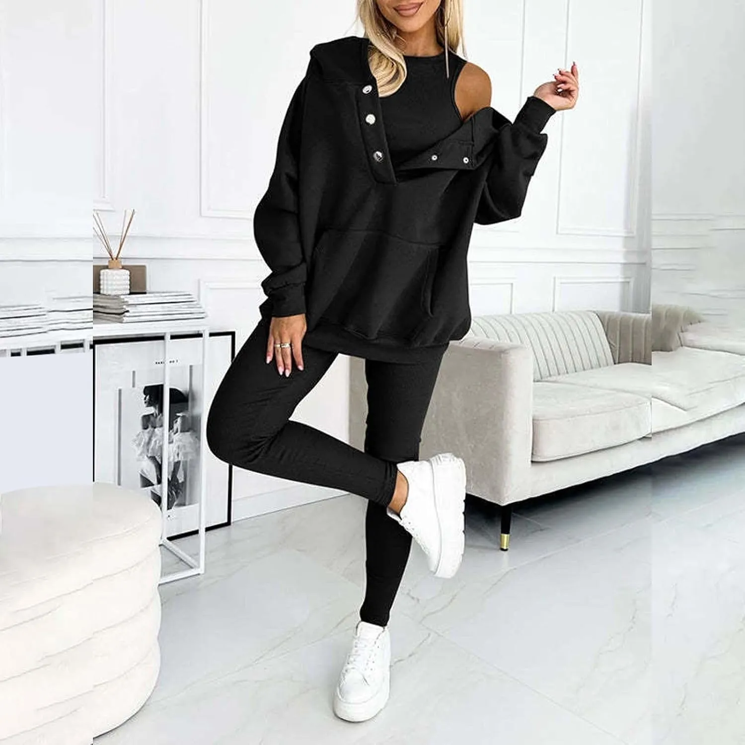 Lounge Sets for Women - 2 Piece Button Thick Outfits Sweatsuit Hoodies with Pants Fall Jogging Track Suits for Women