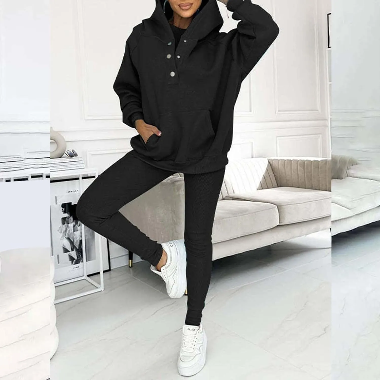 Lounge Sets for Women - 2 Piece Button Thick Outfits Sweatsuit Hoodies with Pants Fall Jogging Track Suits for Women