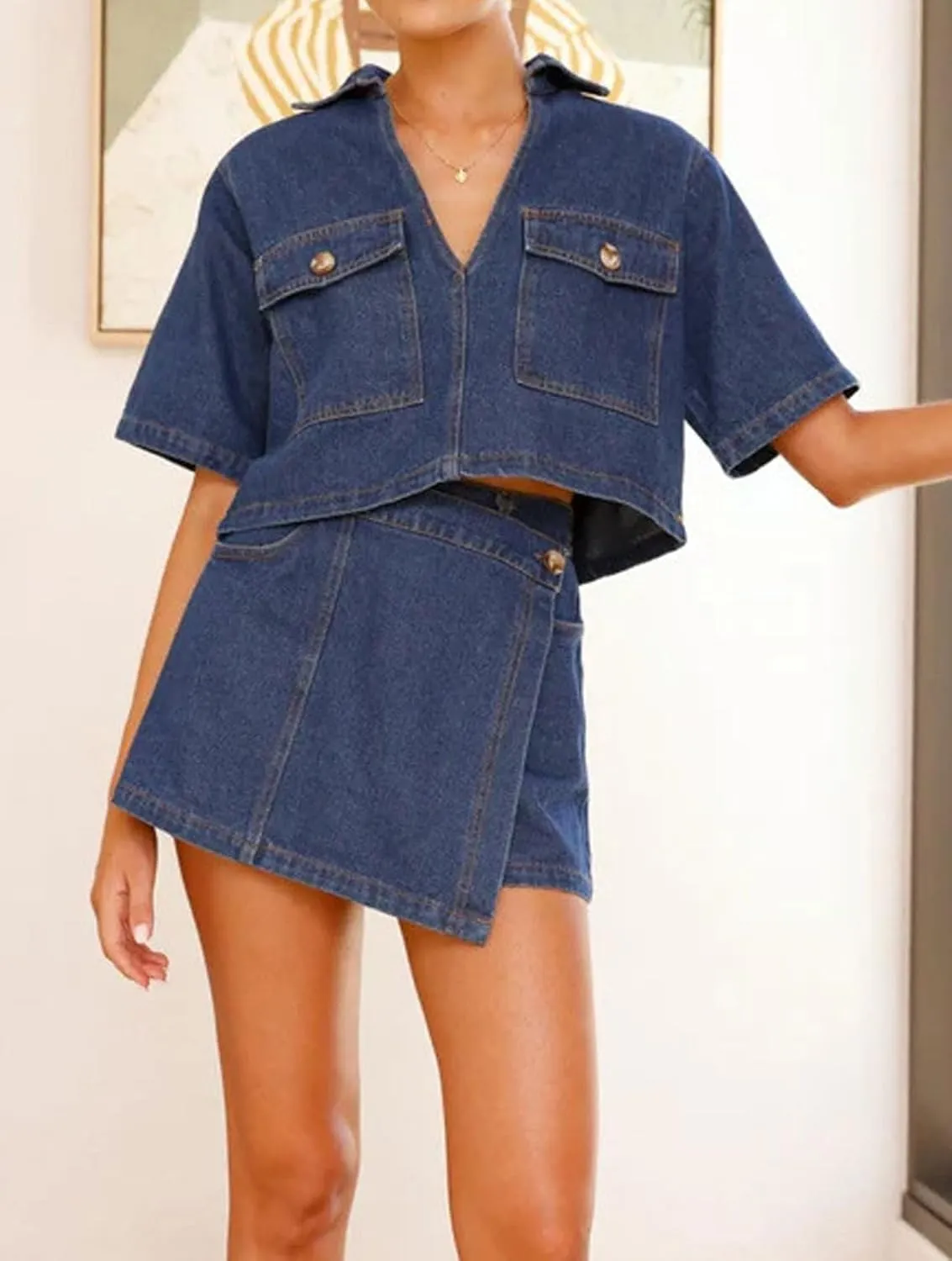 loveimgs Women Western 2 Piece Denim Skirt Set Outfit Jean Crop Top Irregular Denim Wrap Skort Y2k Jean Shorts Summer