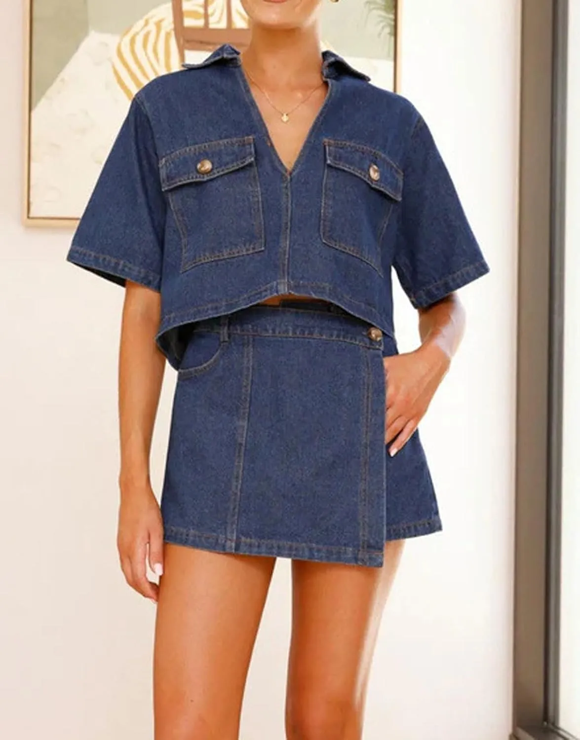 loveimgs Women Western 2 Piece Denim Skirt Set Outfit Jean Crop Top Irregular Denim Wrap Skort Y2k Jean Shorts Summer