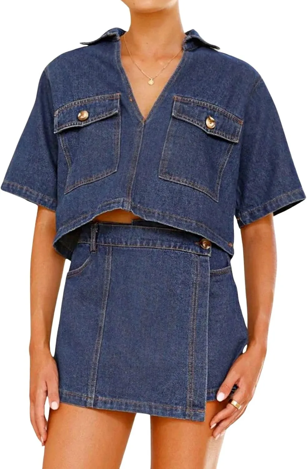 loveimgs Women Western 2 Piece Denim Skirt Set Outfit Jean Crop Top Irregular Denim Wrap Skort Y2k Jean Shorts Summer