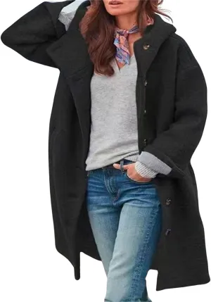 loveimgs Women Winter Casual Single Breasted Hooded Jacket Pea Coat Long Wool Coat Jacket Trench Coat Overcoat