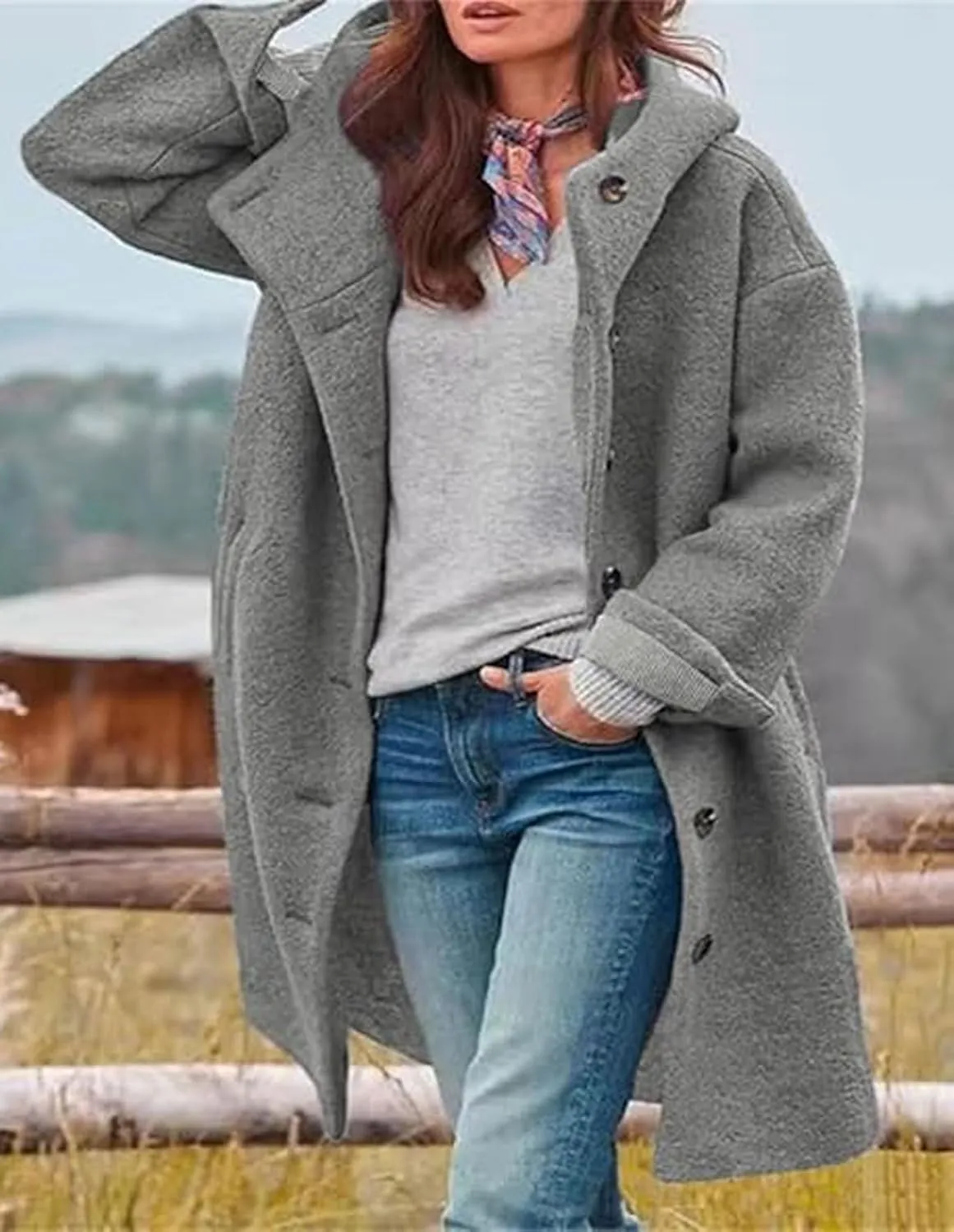 loveimgs Women Winter Casual Single Breasted Hooded Jacket Pea Coat Long Wool Coat Jacket Trench Coat Overcoat