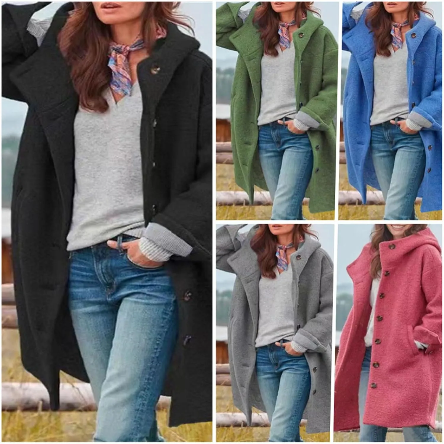 loveimgs Women Winter Casual Single Breasted Hooded Jacket Pea Coat Long Wool Coat Jacket Trench Coat Overcoat