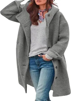 loveimgs Women Winter Casual Single Breasted Hooded Jacket Pea Coat Long Wool Coat Jacket Trench Coat Overcoat