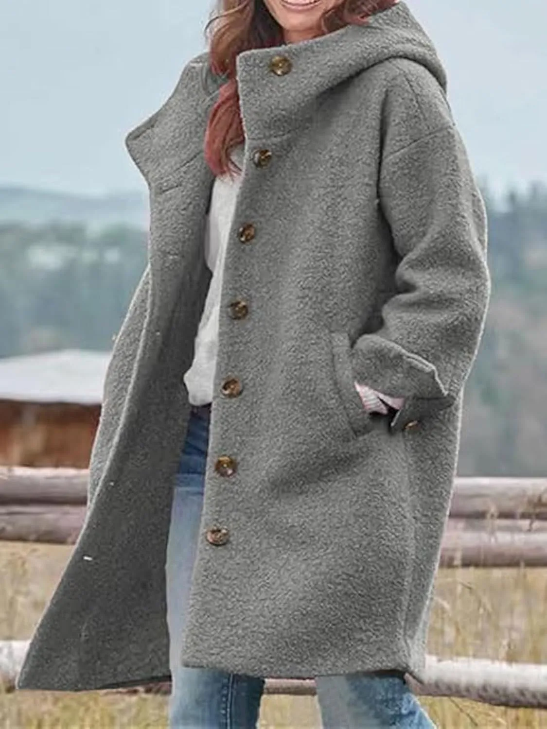 loveimgs Women Winter Casual Single Breasted Hooded Jacket Pea Coat Long Wool Coat Jacket Trench Coat Overcoat