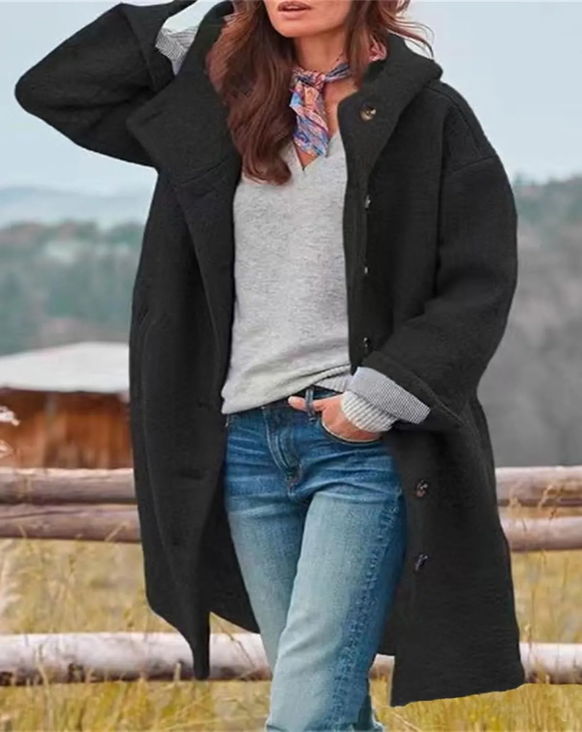 loveimgs Women Winter Casual Single Breasted Hooded Jacket Pea Coat Long Wool Coat Jacket Trench Coat Overcoat