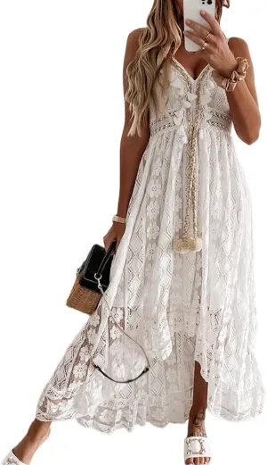 Luckinbaby Women V Neck Crochet Long Dress Spaghetti Strap Lace Embroidery Maxi Dress Summer Ruffle Flowy Beach Sundress