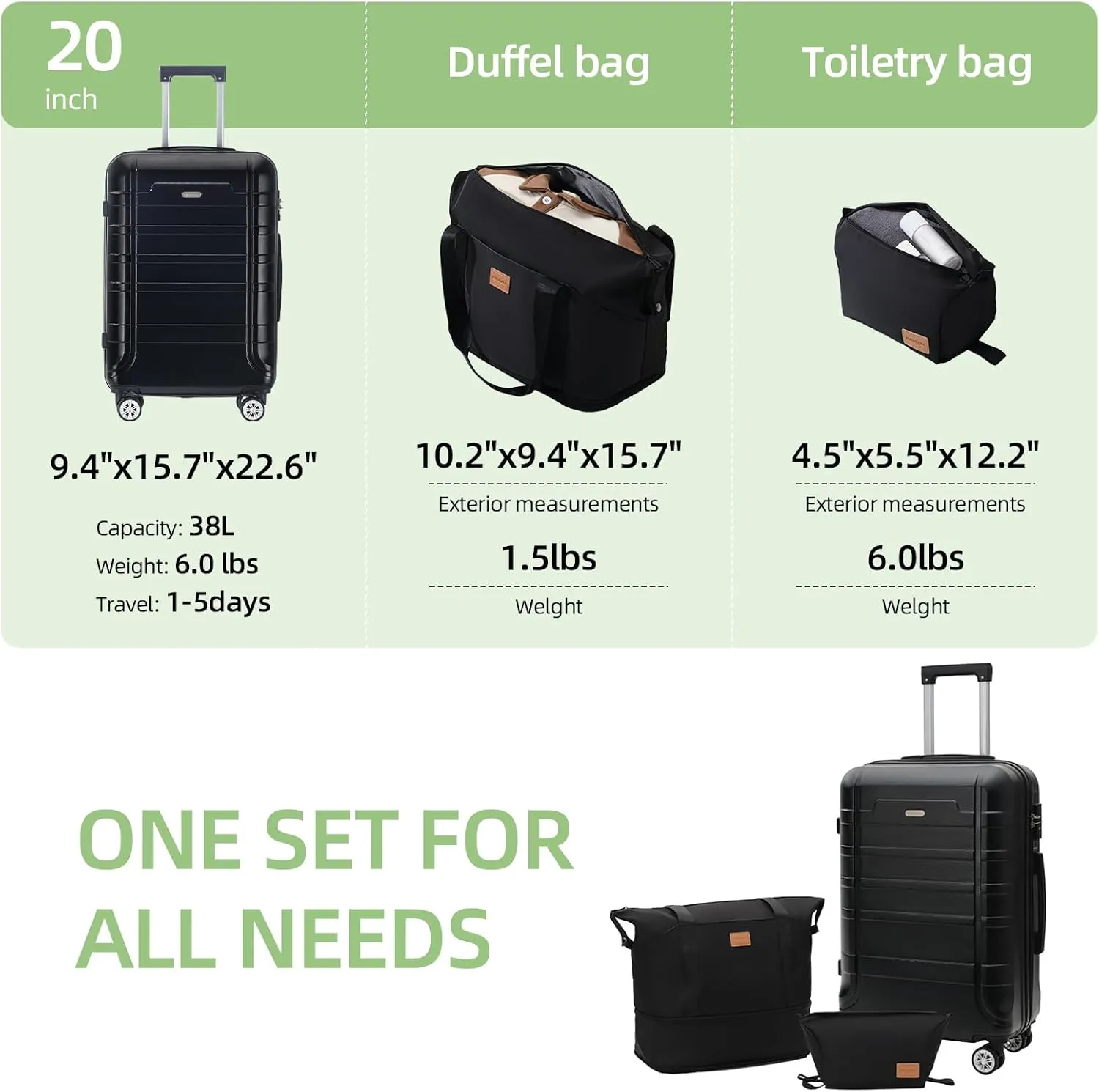 Luggage 20 Inch Set 3 Piece Luggage Set carry on luggage with wheels for Travel (Black, 3 piece set-20-Inch)