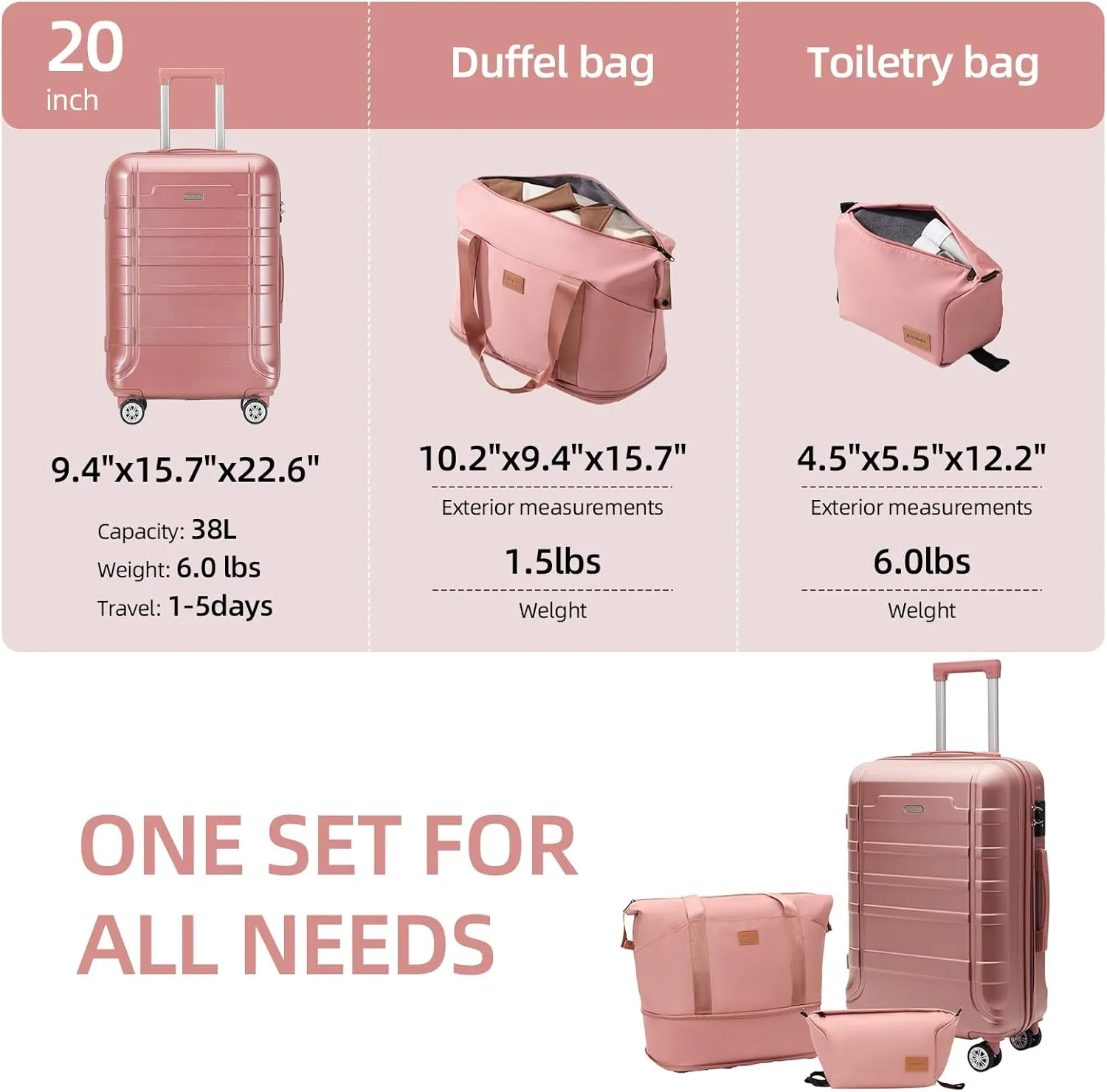 Luggage 20 Inch Set 3 Piece Luggage Set carry on luggage with wheels for Travel (Rose gold, 3 piece set-20-Inch)