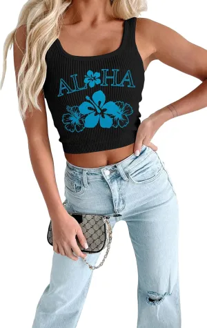 LUKYCILD Summer Crop Tank Tops Women: Hawaiian Shirts Beach Tropical Graphic Shirt Cute Vacation Casual Vest Cami